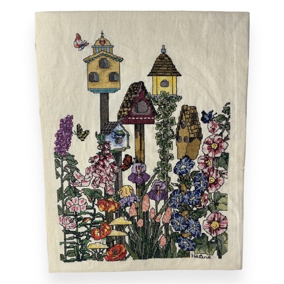 Janlynn Cross‎ Stitch Completed Bird Houses  Butterflies In The Garden Unframed - Picture 1 of 7